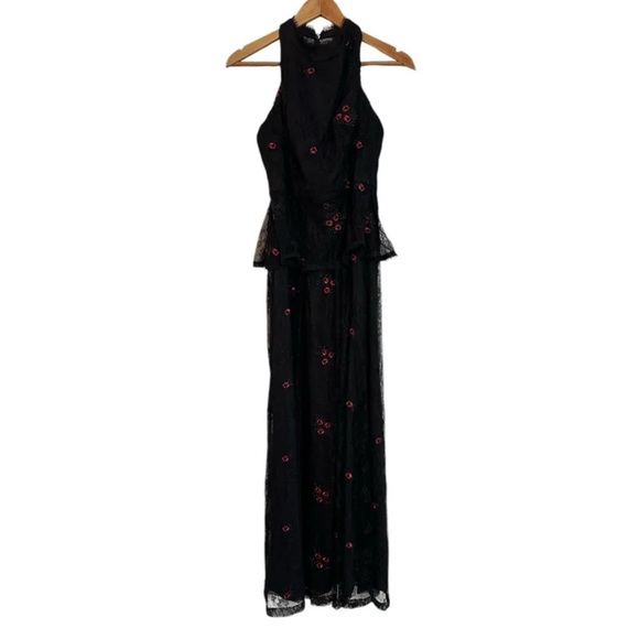 ML Monique Lhuillier Black Lace Maxi Dress with Embroidery Red